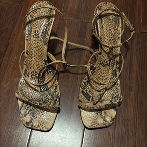 SCHUTZ Size 8.5 Small Heel Tan Sandals with Strappy Design Snake Print Brown/Tan